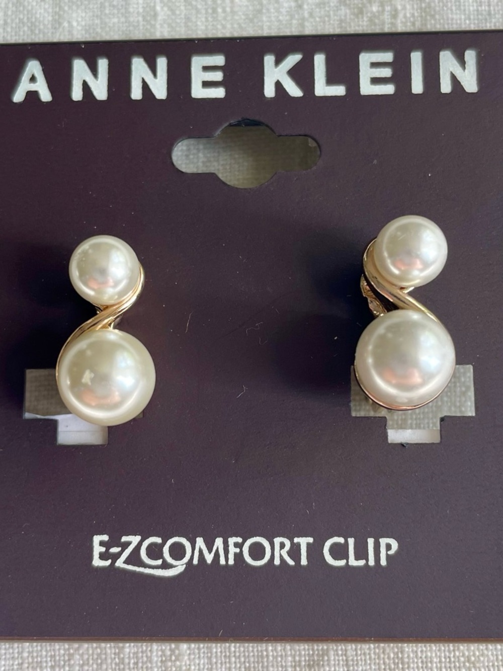 NWT Anne Klein Gold-Tone Double Faux Pearl Clip Earrings - Cream